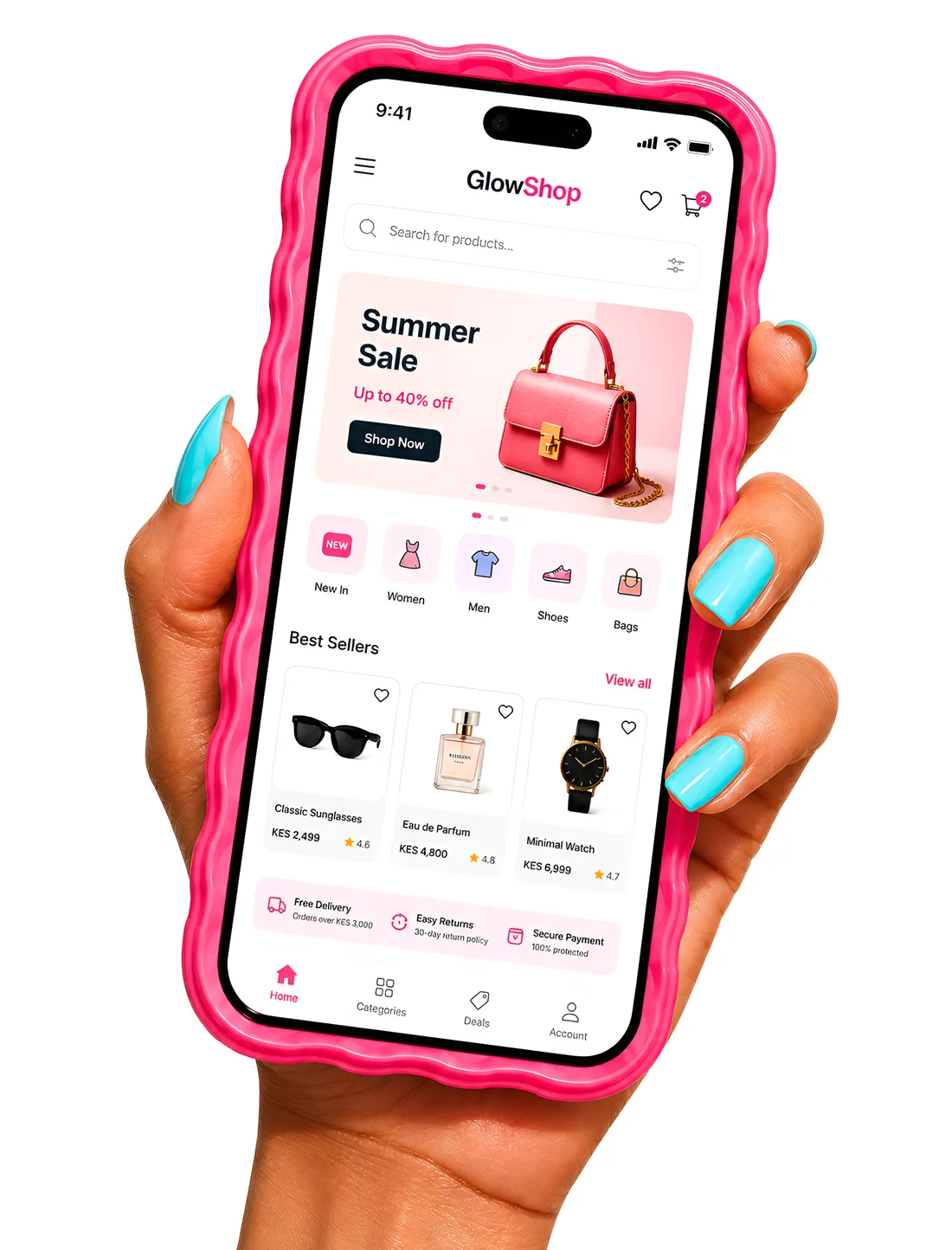 A hand holding a phone showing a Kenyan e-commerce app with product listings priced in KES and an M-Pesa checkout
