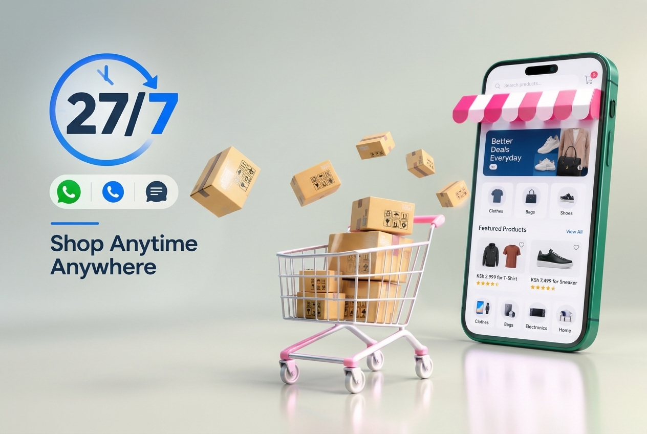 A smartphone shopfront beside a trolley piled with parcels, with an always-open clock and chat, call and WhatsApp icons, illustrating a store that sells around the clock